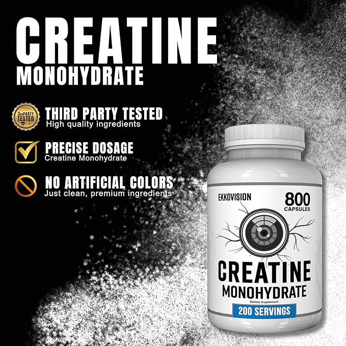 Ekkovision Creatine Monohydrate Capsules, Micronized, Unflavored Creatine Supplement for Men & Women, Pre Workout & Post Workout Support, Easy-to-Swallow, 800 Capsules, 200 Servings