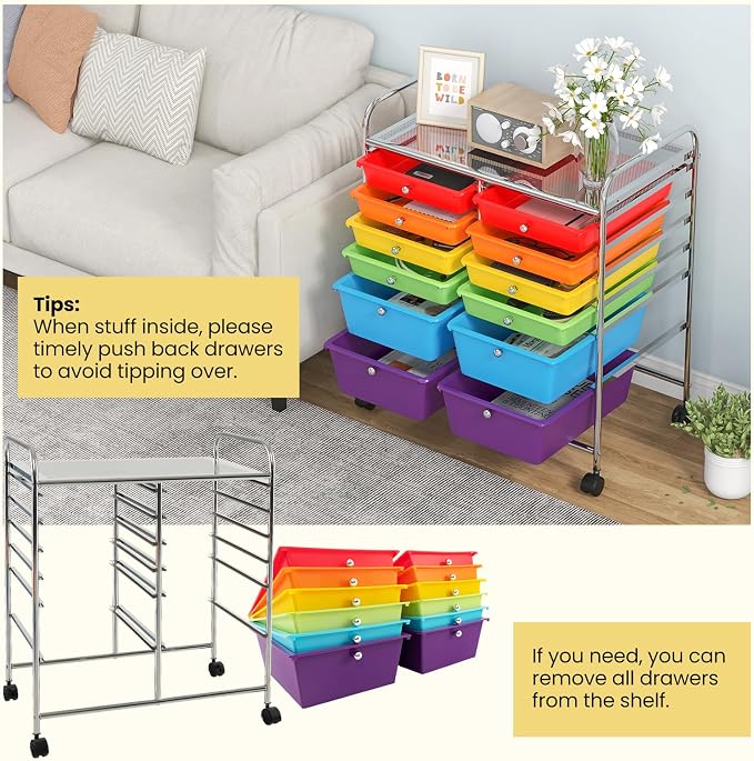 LDAILY 12 Drawer Rolling Storage Cart, Craft Cart Organizer on Wheels w/Metal Frame, Large Capacity & Smooth Drawer, Rolling Cart w/Drawers for Classroom, Office