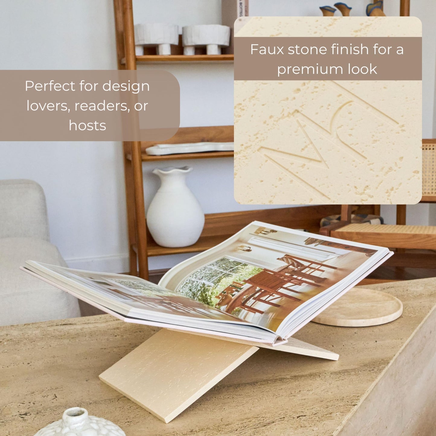 Moncur Home Faux Travertine Stone Finish Resin Book Holder for Recipe Book Display Stand, Coffee Table Books, 2 Pieces Slot Together, Neutral Beige Coffee Table Decor for Large Books
