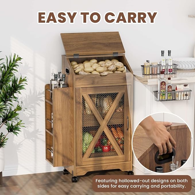 Potato and Onion Storage Bin, Movable Fruit and Vegetable Bin with Spice Rack, Wooden Large Bread Box, Farmhouse Potato Storage Cabinet for Kitchen, Pantry
