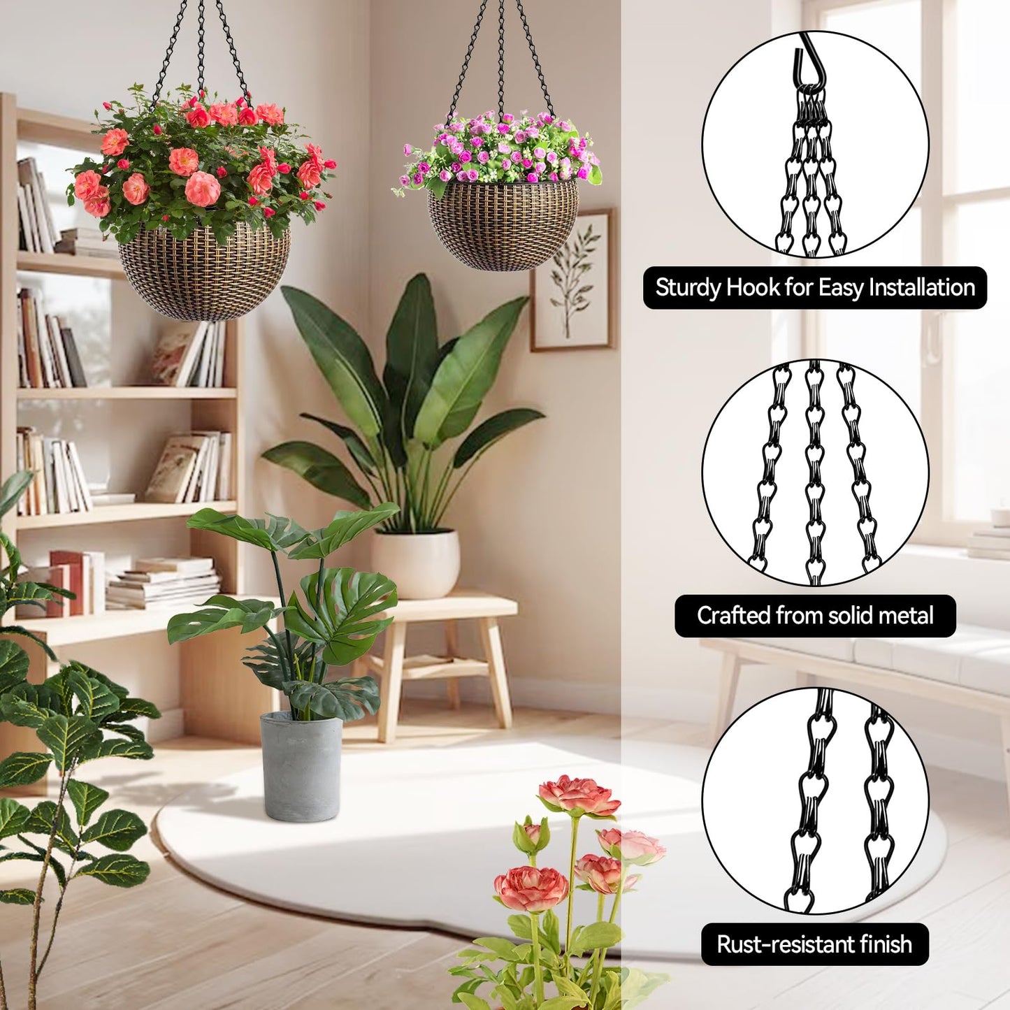 ZeeDix 4 Pack, 16 Inch Hanging Basket Chain with Hooks, Black Metal Planter Flower Pot Chain for Hanging Plants Outside, Adjustable Replacement Chain for Lanterns, Bird Feeders and Flowers