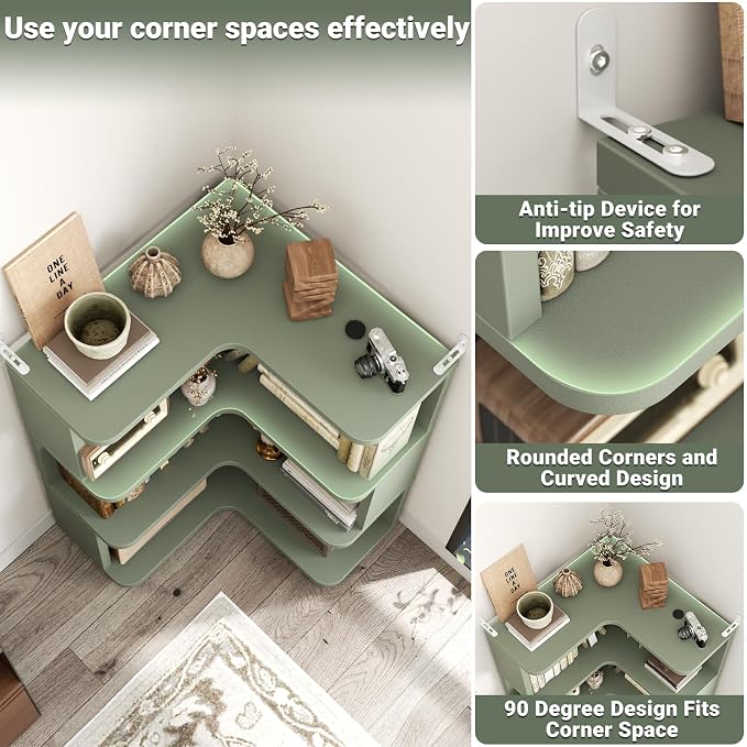 Armocity Corner Book Shelf - 4 Tier Corner Bookshelf Etagere Bookcase with Baffle, Freestanding L Shaped Display Shelf Stand for Home Office, Living Room, Bedroom, Kitchen, Crab Green