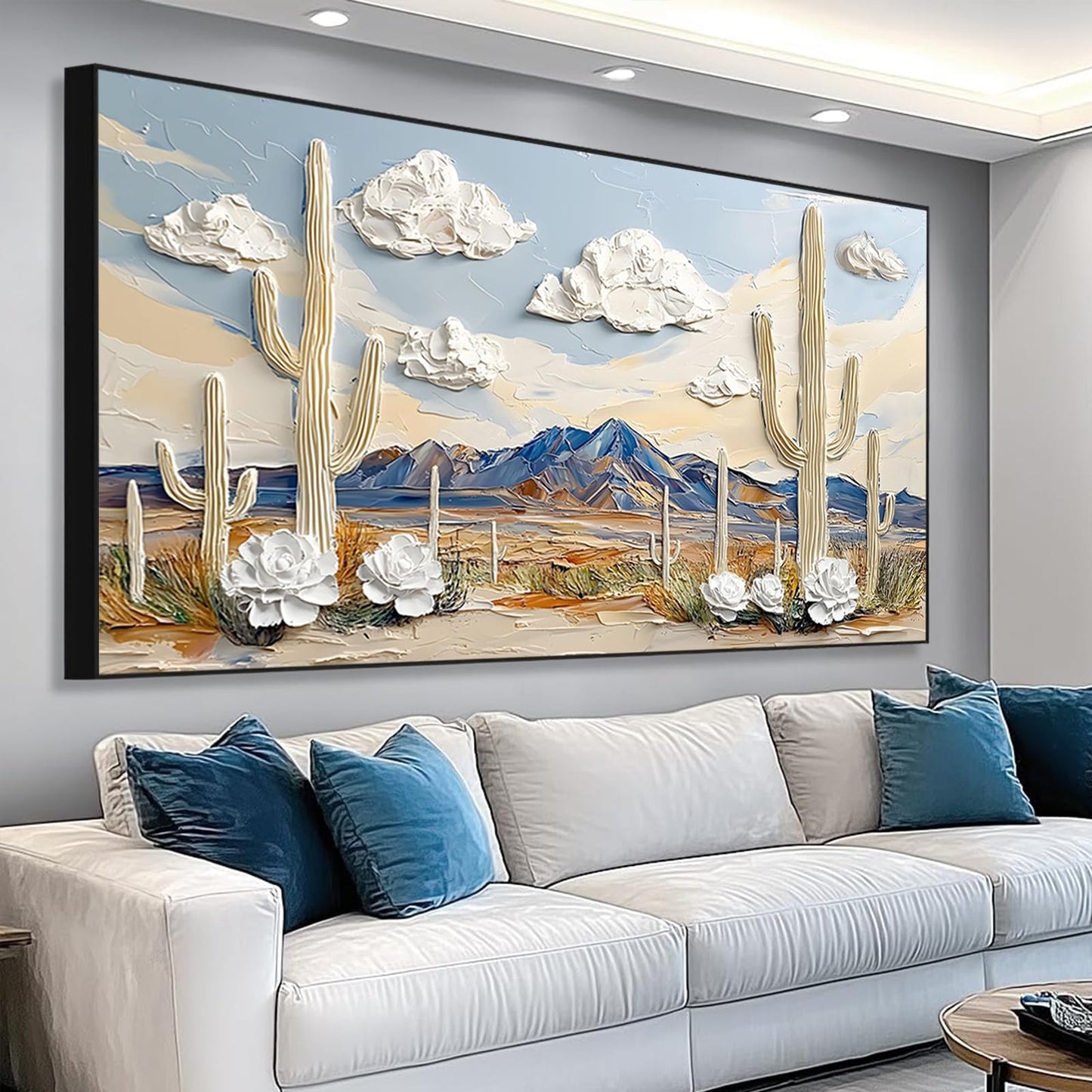 Desert Canvas Wall Art, Cactus Canvas Wall Art, White Desert Landscape Picture Print, Western Print Decor, Rustic Southwestern Painting, Cactus Landscape Decor for Living Room, Bedroom, Kitchen (Black Framed, 36"x20"| 92x52cm)