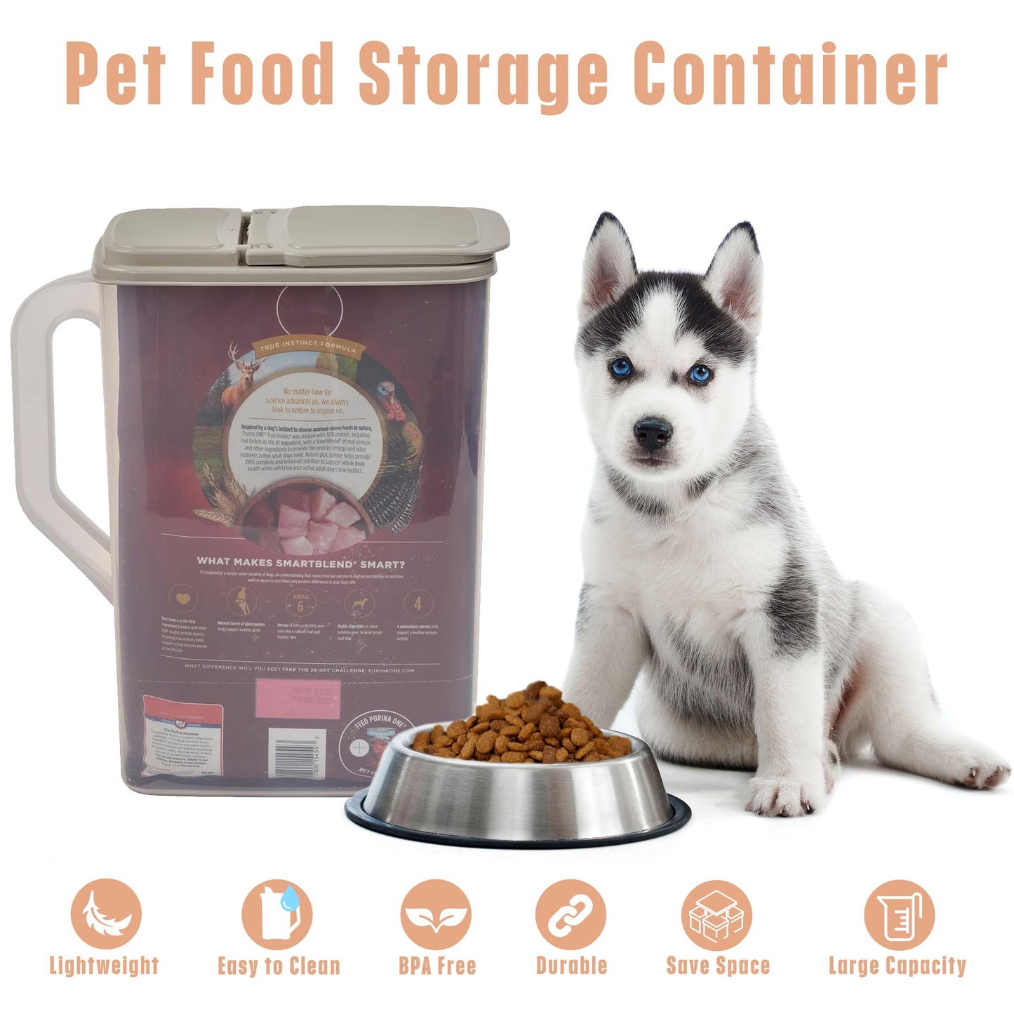 Buddeez Pet Food Storage Container - 8 Quart Capacity Bird Seed Container & Dog Food Storage, with Durable EZ Grip Handle and EZ Flip Lid with Pour Spout
