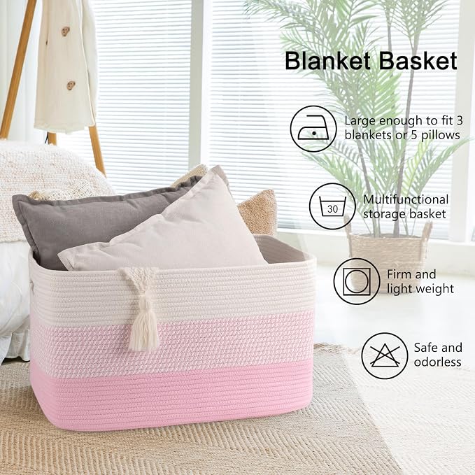 OIAHOMY Large Blanket Basket, 22”x17”x12” Rectangle Woven Baskets, Nursery Blanket Storage Living Room, Toy Storage With Handle, Large Baskets for Organizing - Pink/White