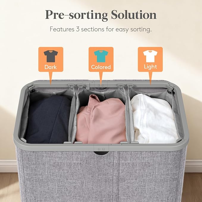 Lifewit 185L 3 Section Laundry Hamper with Lid, Large Laundry Basket with Handles and Removable Bags, Tall Clothes Hamper, Foldable Laundry Sorter for Bedroom Bathroom, Light Gray