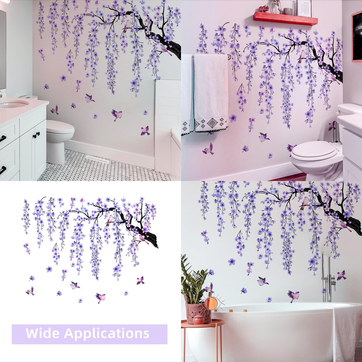 Lilac Wall Decoration Large Cherry Blossom Tree Wall Stickers, 4 Sheets Spring Purple Flower Bird Wall Decals Peel and Stick Wall Murals Decor for Living Room Bedroom (Purple, 11.8 * 35.4inch)