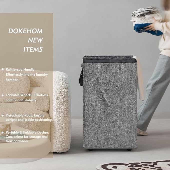 DOKEHOM 90L X-Large Laundry Basket with Removable Wash Bag on Wheels, Collapsible Rolling Laundry Hamper, Foldable Clothes Organizer, Folding Washing Bin (Linen Grey)