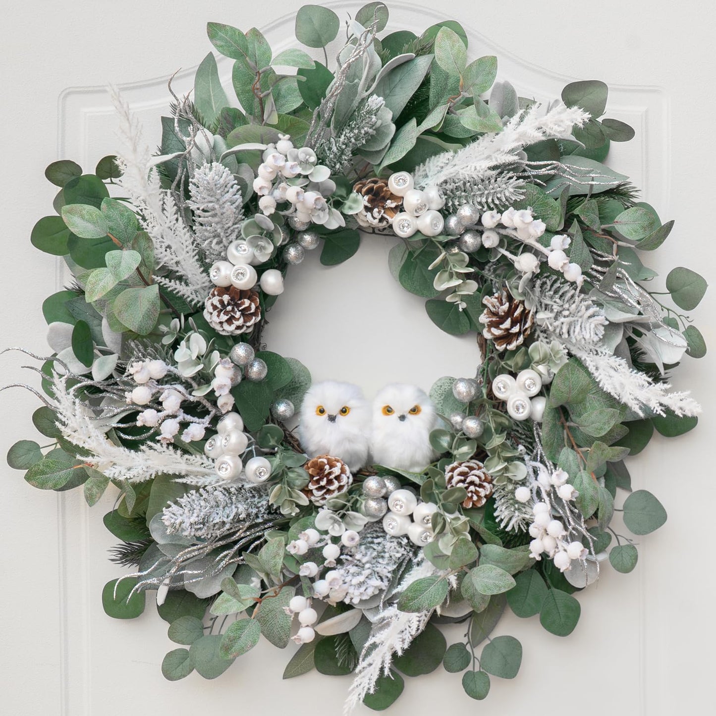 Winter Wreath for Front Door, 24 Inch Christmas Wreath with Owl Decor, Pine Cones, and Evergreen Greenery, Festive Winter Door Decor, Artificial Holiday Farmhouse Rustic Wreath