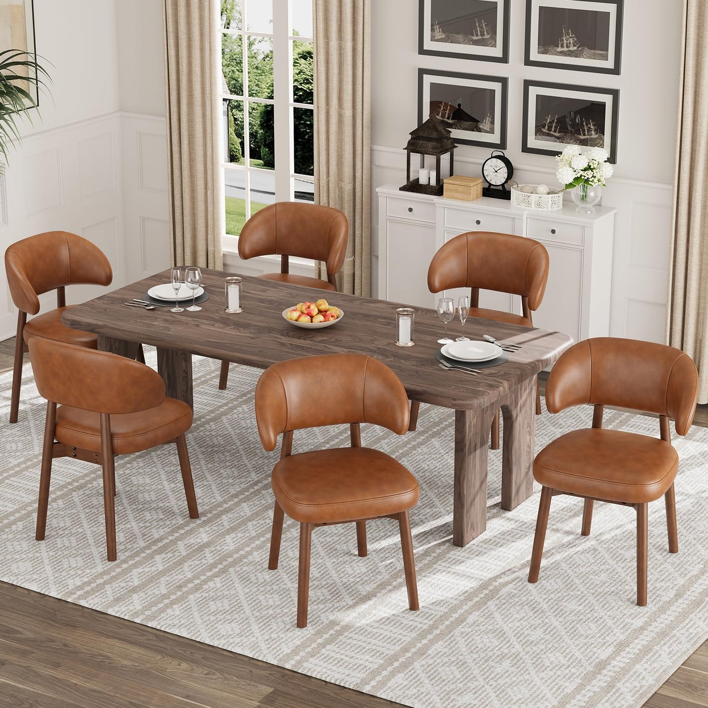 MALOL Wooden Dining Chairs Set of 6, Modern Upholstered Dining Room Chair, PU Leather Kitchen Side Chairs with Curved Open Back for Living Room/Restaurant/Cafe, Brown
