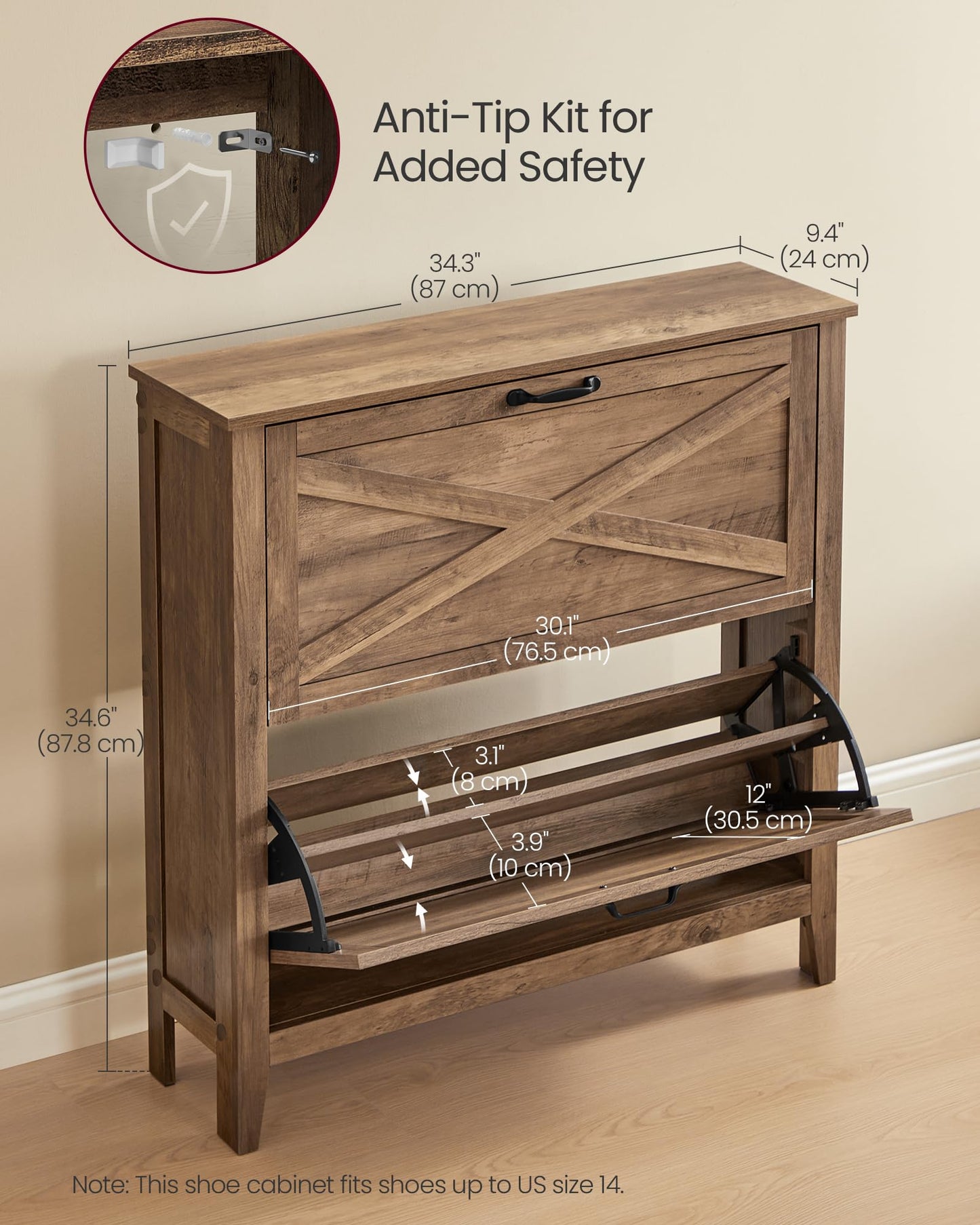 VASAGLE LIRY Collection - Shoe Storage Cabinet Organizer with 2 Flip Drawers, Freestanding Narrow Shoe Rack Cabinet for Entryway, Farmhouse Style, Fits 12 to 16 Pairs, Honey Brown UHSC201K01
