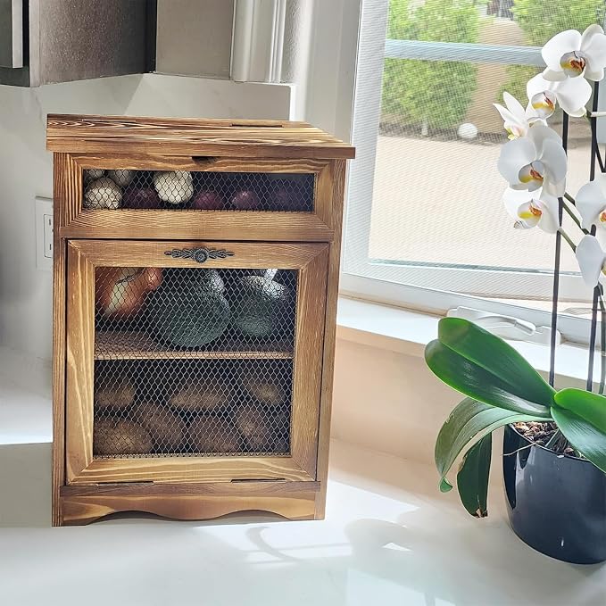 Ikee Design Free Assemble Wooden Countertop Potato and Onion Storage Bin Box,Countertop Cabinet, Wooden Bread Boxes, Potato Storage, Coffee Station, 11.8W x 6.8D x 16H in, Rustic Color