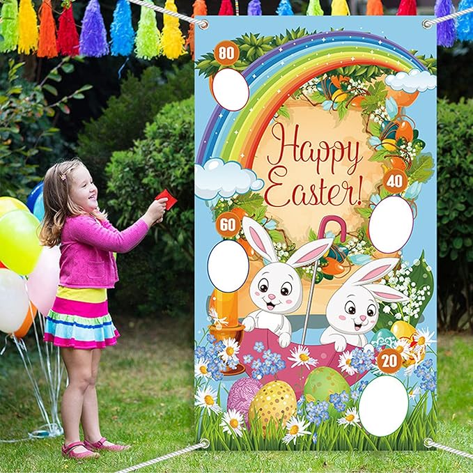 Easter Toss Game with 4 Bean Bags and 2 Pack Easter Inflatable Bunny Rabbit Ears Ring Toss Party Games Indoor Outdoor Family Party Supplies Carnival Game