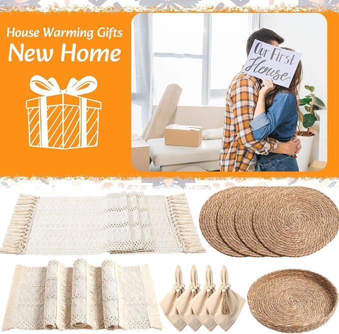 4 Sets Boho Decoration Placemats Round Woven Placemats, Cloth Napkins, Wood Bead Napkin Rings, Long Table Runner and Farmhouse Burlap Cotton for Table Kitchen (White,12x72)