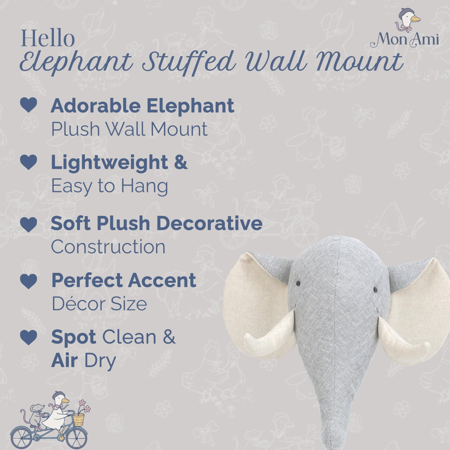 MON AMI Elephant Stuffed Head Wall Mount – 12”, Wall Hanging Décor, Stuffed Animal Head Wall Décor, Great Gift for Newborns, Kids, Boys, Girls