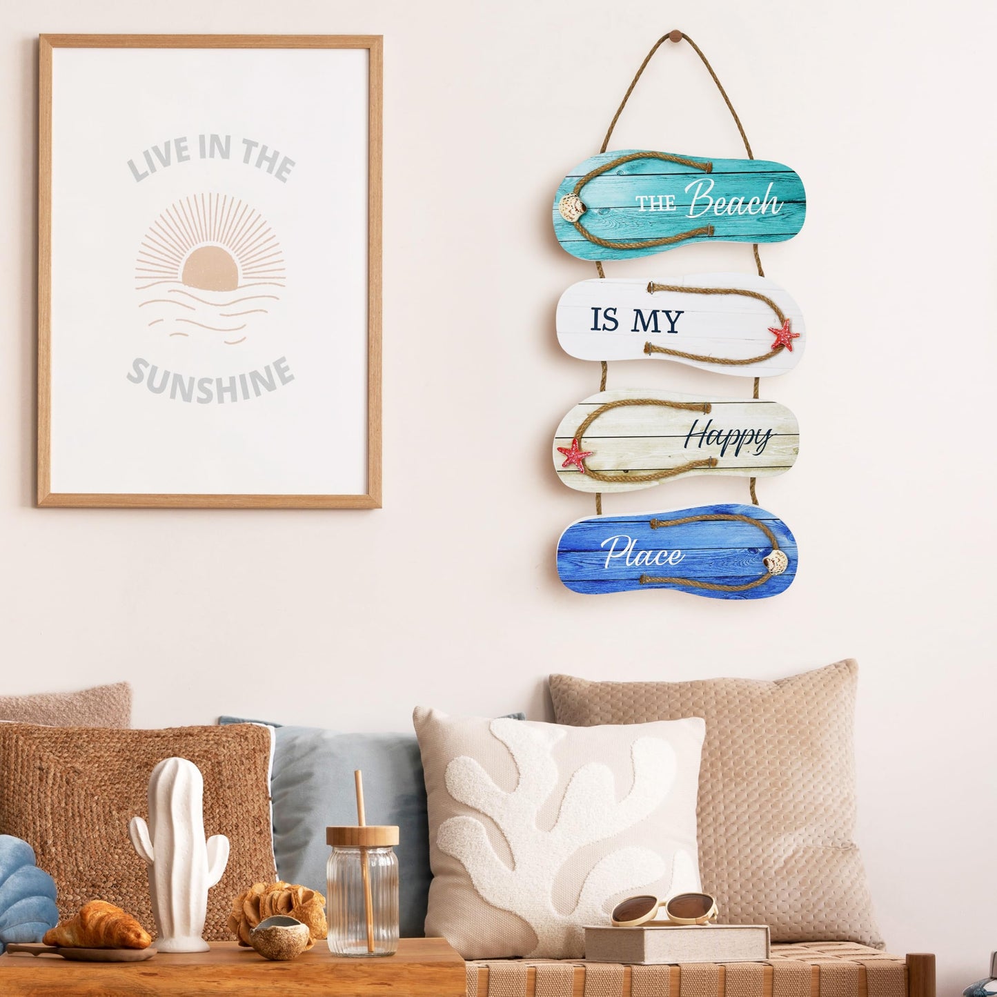 Wooden Flip Flop Beach Decor Sign Nautical Coastal Wood Wall Decor with Rope Hanger Summer Indoor and Outdoor Wall Accent for Bathroom, Bedroom & Living Room