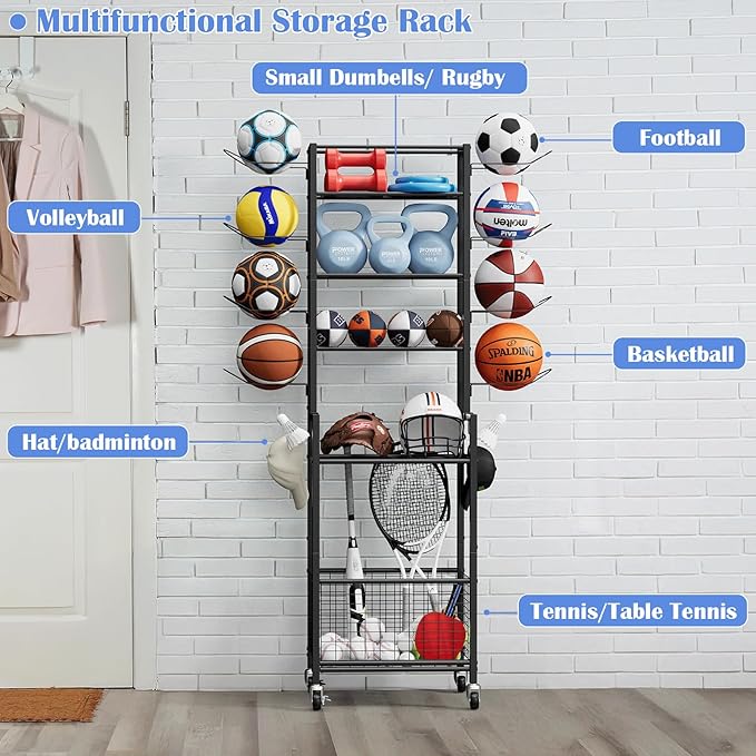 OYEAL Freestanding Ball Rack with Wheels Garage Basketball Storage Cart Outside Sports Equipment Organizer Ball Holder with Storage Baskets for Basketball, Soccer, Volleyball, Football, Black
