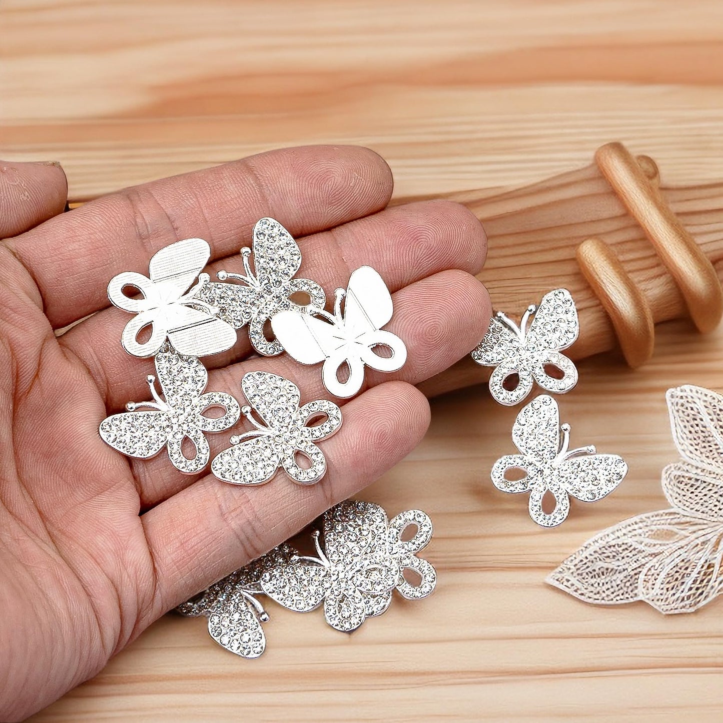 30PCS Alloy Rhinestone Butterfly Embellishment Stickers Handmade Hair Accessories for Sneakers, Clothes, Party Decorations, Gift Box, Dress, Home Decor (Silver)