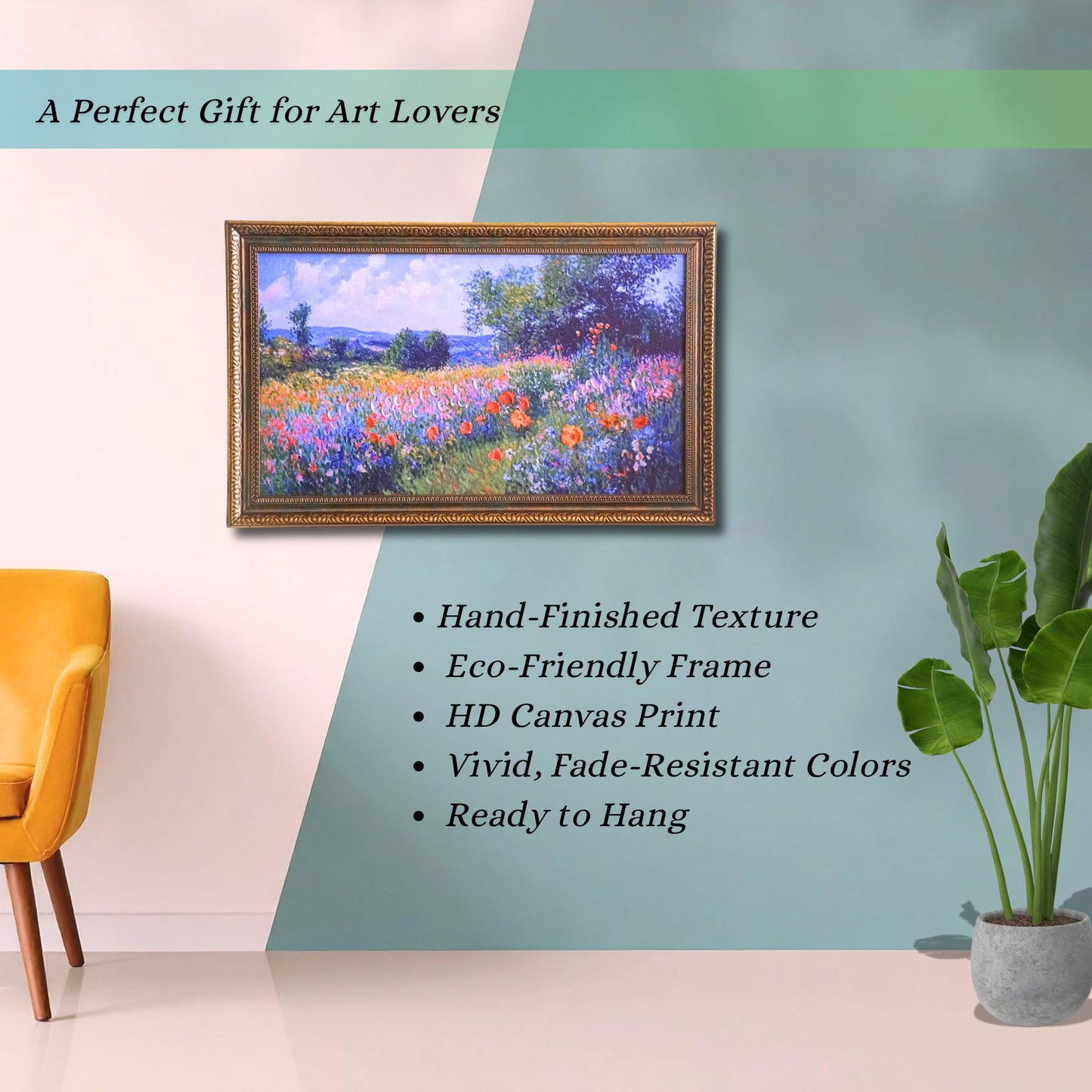 TAKORO Hand-Painted Textured Wildflower Field Canvas Art with Eco-Friendly Frame, Claude Monet Style Wall Decor OD Size 27"x16.75"