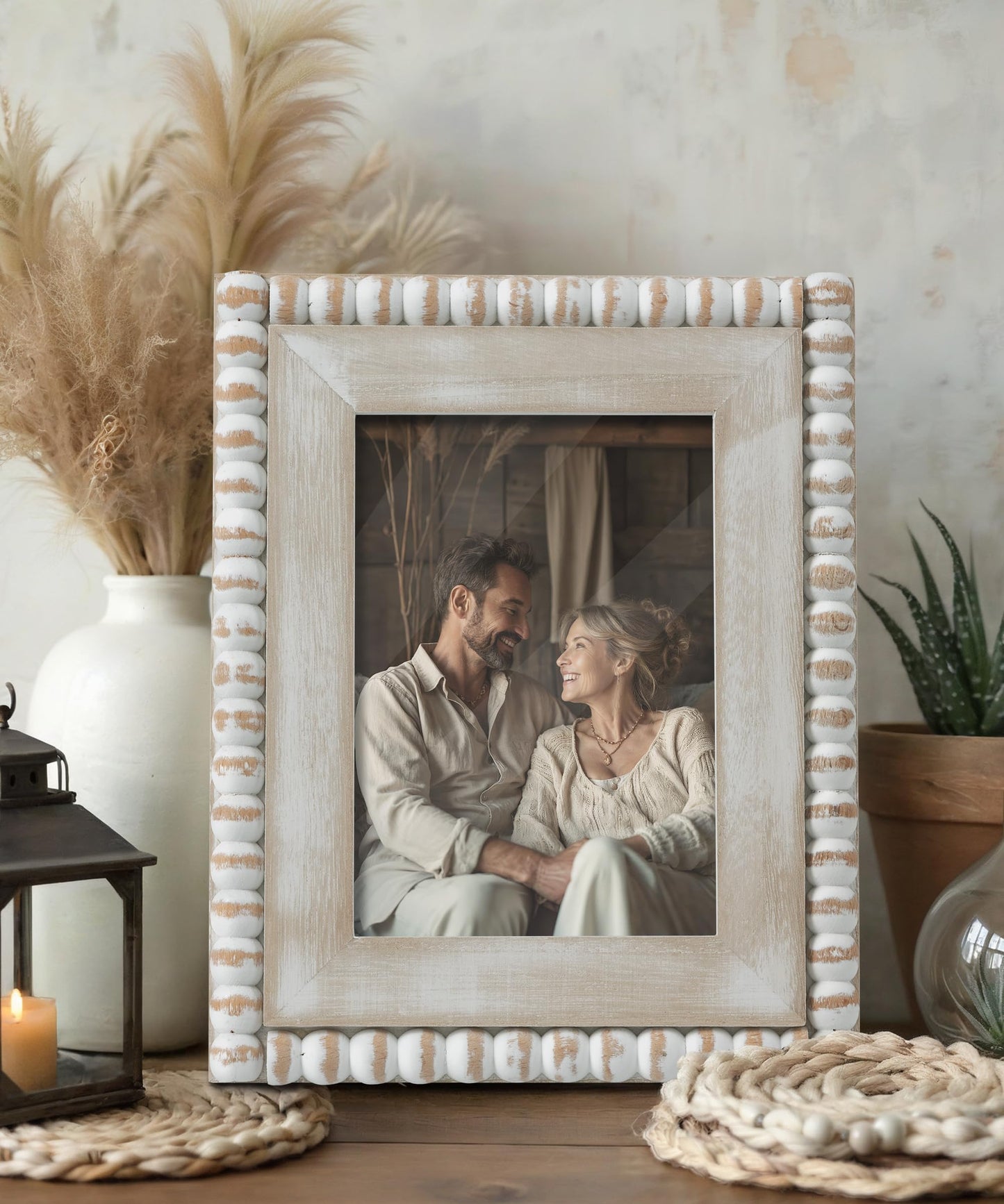 Afuly 5x7 Farmhouse Picture Frame Boho White Beads Photo Frame Wooden Distressed Wall Hanging Desk Standing Decor Artwork Personalized Birthday Gifts for Family, Couple, Friends