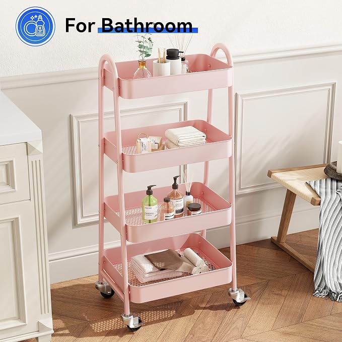 OLIXIS Metal 4 Tiers Utility Rolling Cart, Mobile Storage Shelf with Lockable Caster Wheels, Organization for Livingroom, Bathroom & Narrow Places, 4-Tier Pink