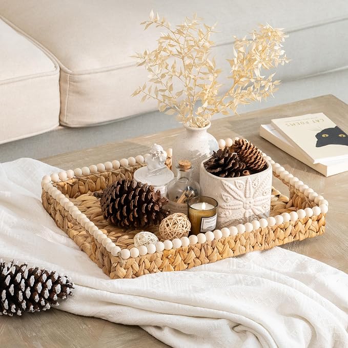 StorageWorks Rectangle Decorative Trays for Home Decor Farmhouse, Wicker Coffee Table Tray Decor with Wooden Beads and Handles, Large Woven Dining Room Decor Tray for Kitchen Counter, Living Room