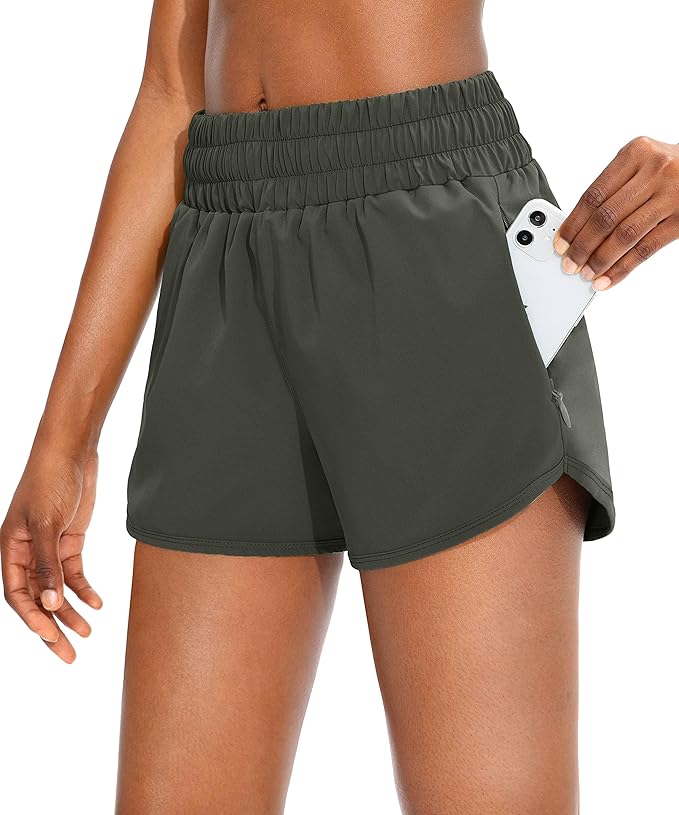 SANTINY Women's Running Shorts with Zip Pockets High Waisted Athletic Workout Gym Shorts for Women with Liner