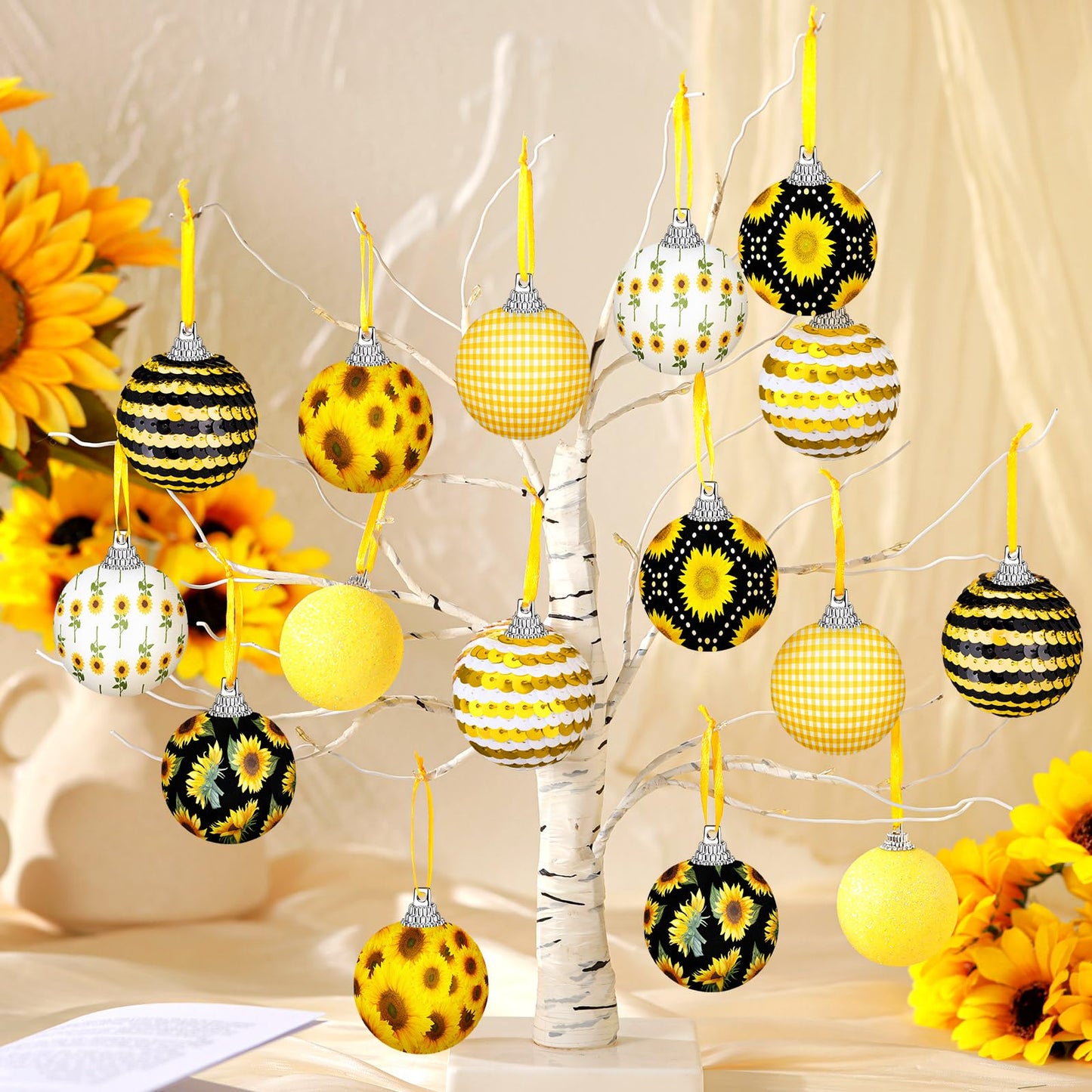 Zeyune 16 Pcs Sunflower Tree Ornaments Summer Decorations for Small Tree Yellow Sequin Ball Ornaments Sunflower Hanging Decorations with Ropes for Summer Holiday Party Supplies(Cute)