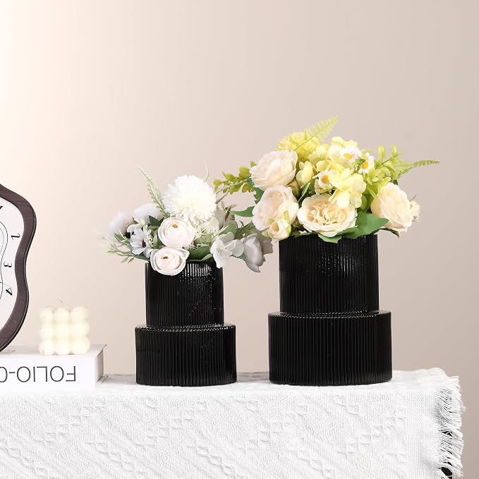 Ribbed Glass Vases for Bouquet, Set of 2 Black Glass Vases for Flowers, Black Flower Vase for Tulips, Modern Vase for Living Room, Office, Coffe Table, Dining Table, Shelf, Wedding