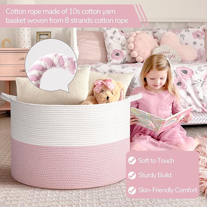 INDRESSME 115L Extra Large Pink Laundry Basket for Nursery Stuffed Animal Storage, Blanket Rope Baby Baskets Kids Toy Organizer Dorm Room Essentials for Girls, Pink