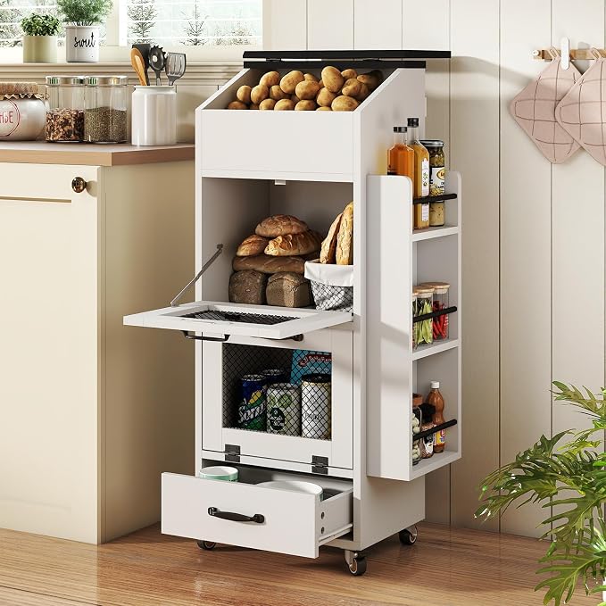 Verano Garden Potato and Onion Storage Bin on Wheels, Wood Bread Box with Lid & Mesh Doors, 4-Tier Rolling Fruit and Vegetable Storage Organizer w/Drawer & Side Rack for Kitchen (White, 16.0")