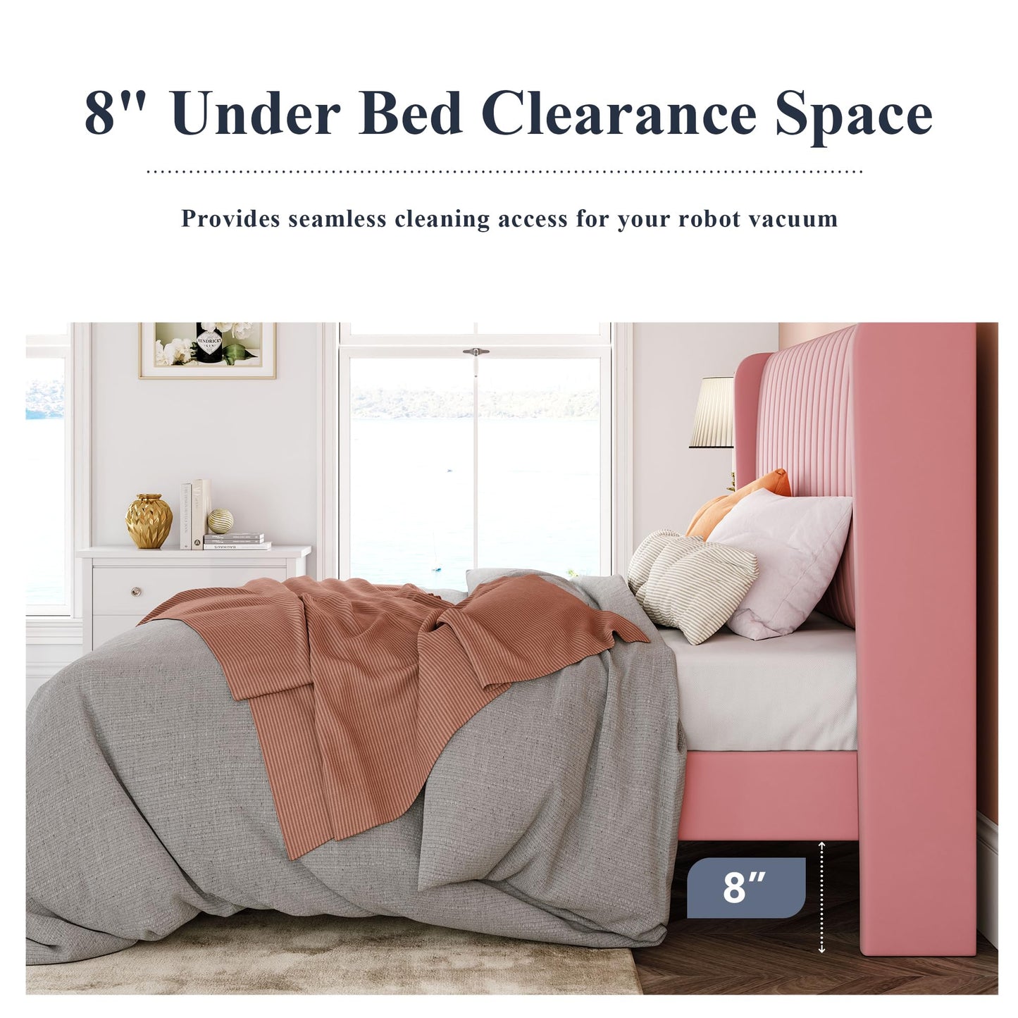 Allewie King Size Velvet Bed Frame/Vertical Channel Tufted Wingback Headboard/Upholstered Platform Bed/Strong Wooden Slats/No Box Spring Needed/Easy Assembly/Pink