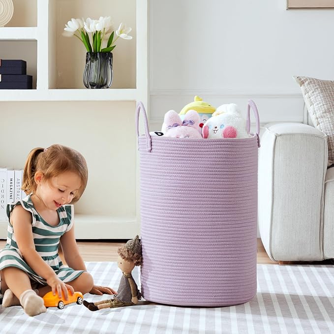 80L Extra Large Purple Hamper Laundry Basket for Nursery Kids 16Dx22H inches Tall Lavender Blanket Basket for Girls Cotton Rope Lilac Clothes Hamper in Bedroom