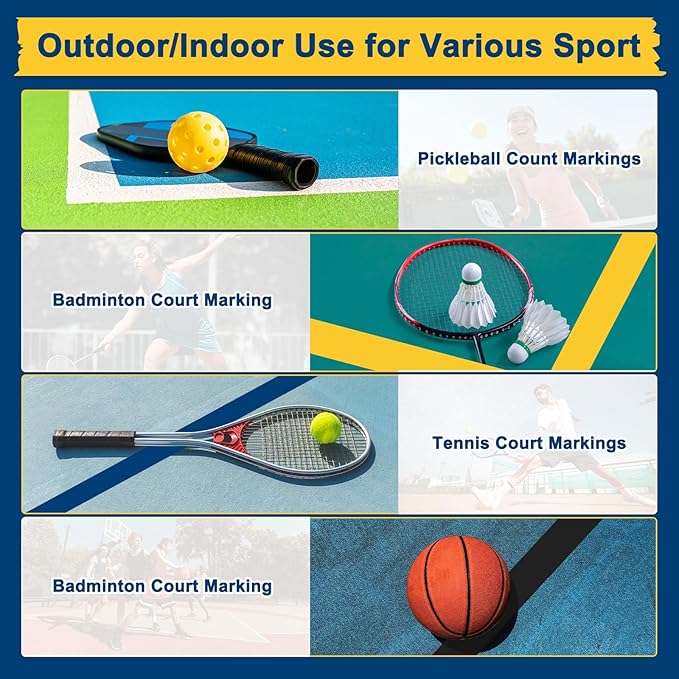 Pickleball Court Tape, Outdoor Pickleball Lines, No Residue Court Marking Kit for Temporary/Gym/Tennis/Driveway/Badminton/Backyard/Sport