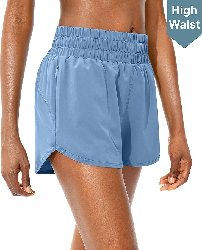 SANTINY Women's Running Shorts with Zip Pockets High Waisted Athletic Workout Gym Shorts for Women with Liner