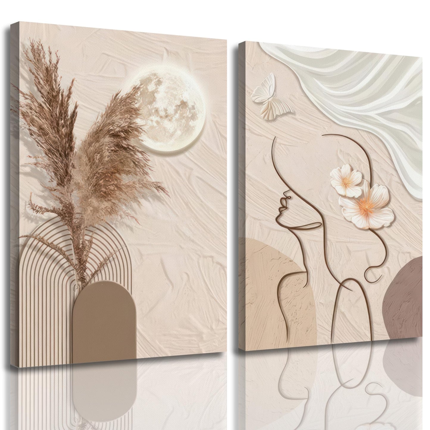 TJRRKYHY 2Pcs Modern Boho Abstract Canvas Wall Art Beige Minimalist Woman Line Art Decor Neutral Geometry Prints for Living Room Bedroom Bathroom Home Decor (12x16in canvas)