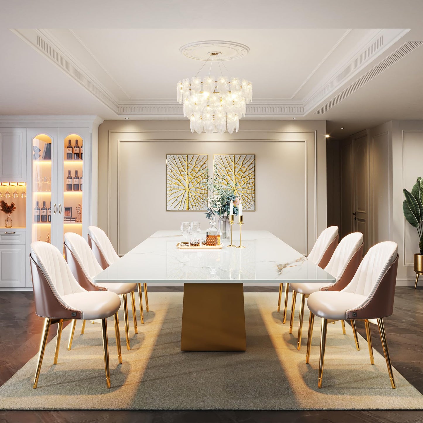 Tribesigns 78.74" Sintered Stone Dining Table for 6-8, Modern Rectangle Dining Table, Luxury White & Gold Kitchen Table with Stone Slate Katakin Tabletop & W-Shaped Stainless Steel Base (Only Table)