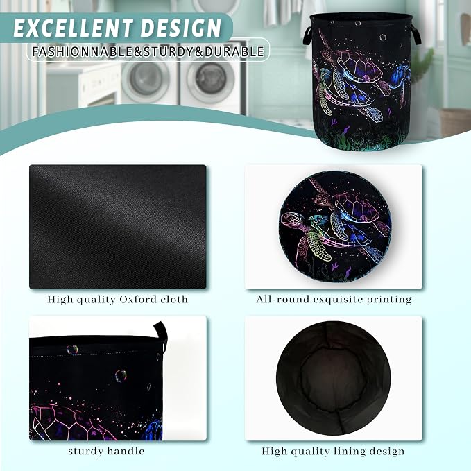 Watercolor Sea Turtle Laundry Basket Foldable Cute Turtles Laundry Hamper Oxford Cloth Ocean Animals Colorful Tote Bag Clothes Toy Storage Bucket For Bathroom/Laundry Storage/Bedroom 18.9x16.5 Inch