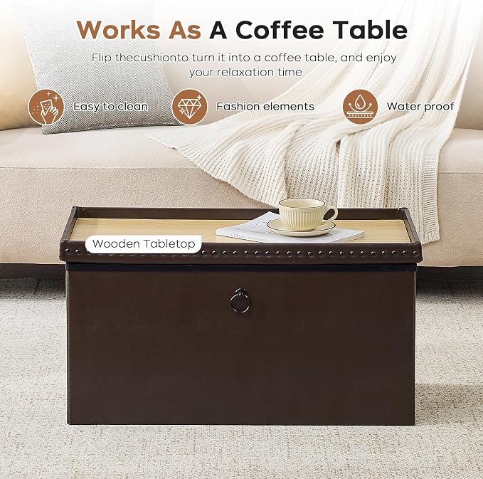 oakvivo 30 Inches Folding Storage Ottoman Bench, Ottoman PU Leather Tuffed End of Bed Bench, Foot Rest with Rivet Design, Ottoman with Storage for Living Room, Bedroom, Entryway, Coffee Brown