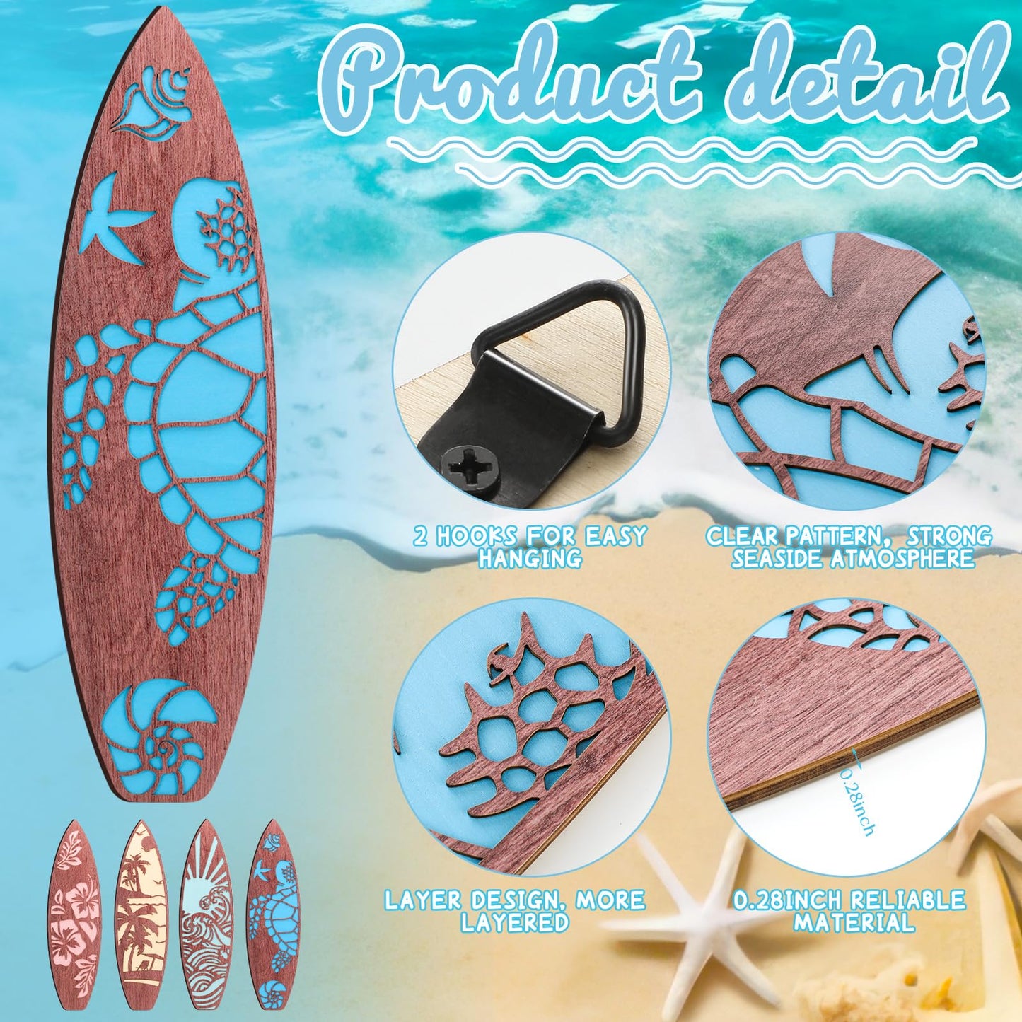 Lineshading 4 Pcs 23.6" x 6.7" Surfboard Wall Decor Large Surfboard Hanging Sign Summer Hawaiian Tropical Surf Boards Decor for Wall Room Bedroom Party Beach Art(Classic Style)