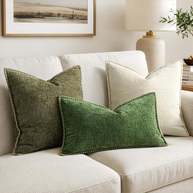 MIULEE Pack of 2 Lumbar Throw Pillow Covers 12x20 Inch Moss Green Farmhouse Decorative Pillow Covers Stitched Edge Soft Chenille Solid Dyed Pillow Covers for Couch Sofa Bed Living Room, Forest Green