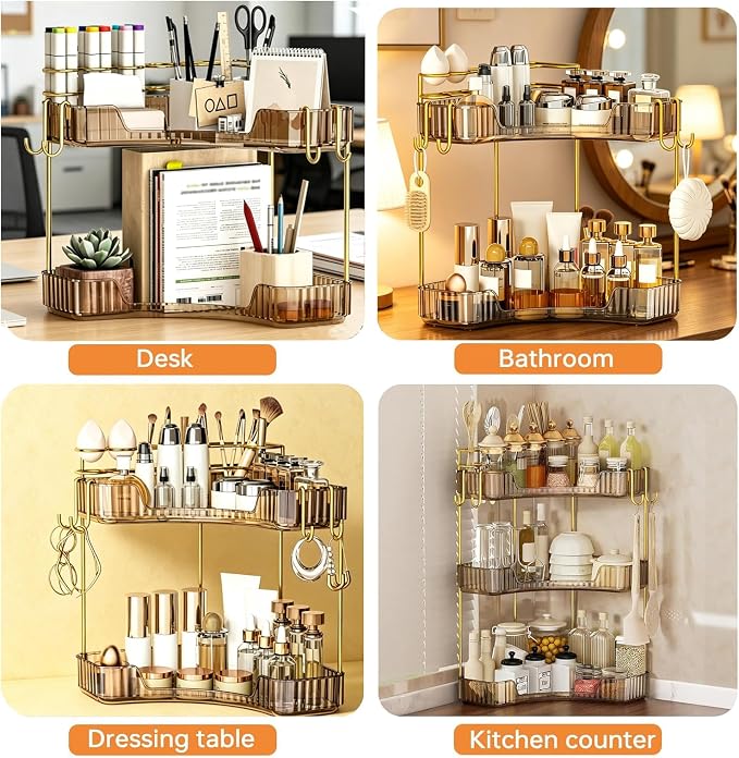 2-Tier Corner Bathroom Counter Organizer，Makeup & Skincare Shelf with Built-in Brush Holder，Space-Saving Bathroom Countertop Organizer for Skincare, Perfume, Cosmetics(Amber)