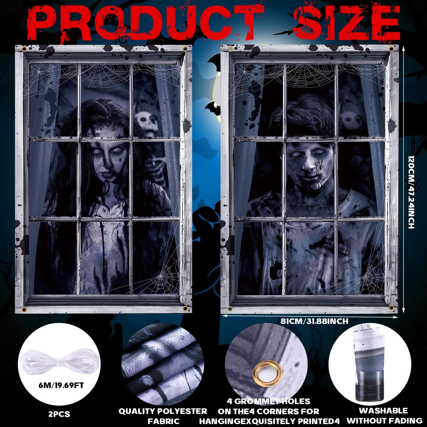 Preboun 2 Pcs Halloween Ghost Window Decoration Scary Halloween Window Silhouette Cover Curtain Poster for Wall Garage Door Home Indoor Outdoor Party Favors