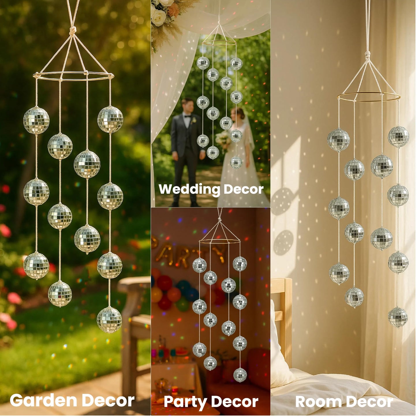 Disco Ball Mobile Hanging Decor - 12pcs 2" Mirror Disco Balls, Elegant 4-Strand Design, Party and Home Decorative Ornament for Bedroom, Weddings, Christmas, Festivals, Events(Silver)