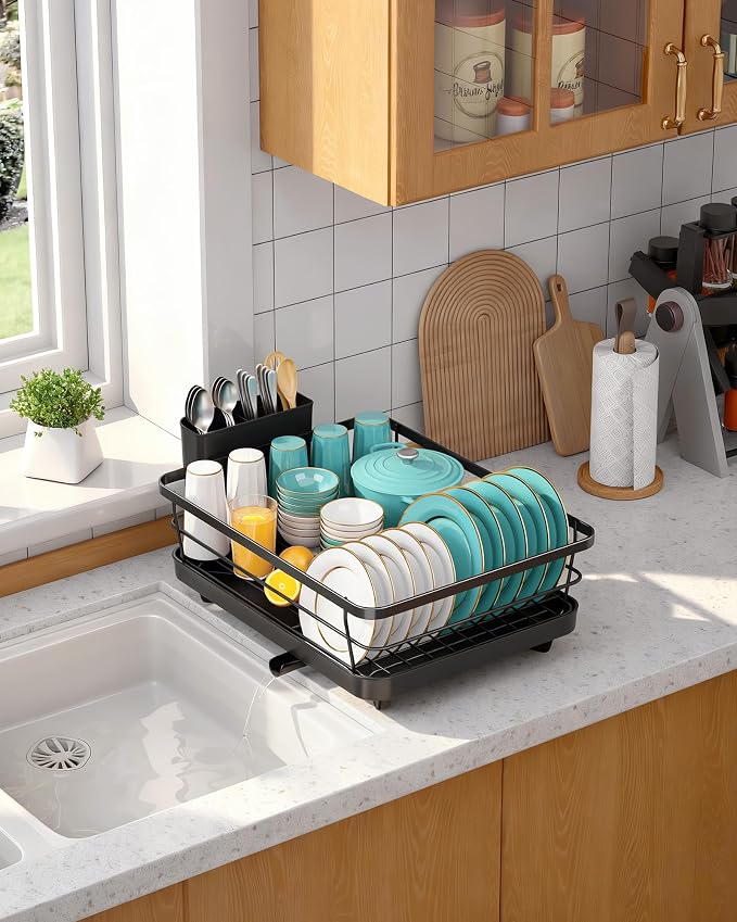 Sakugi Dish Drying Rack - Stainless Steel Dish Rack with Drainboard for Kitchen Counter and Sink, 15.6" D x 12" W x 5" H, Black