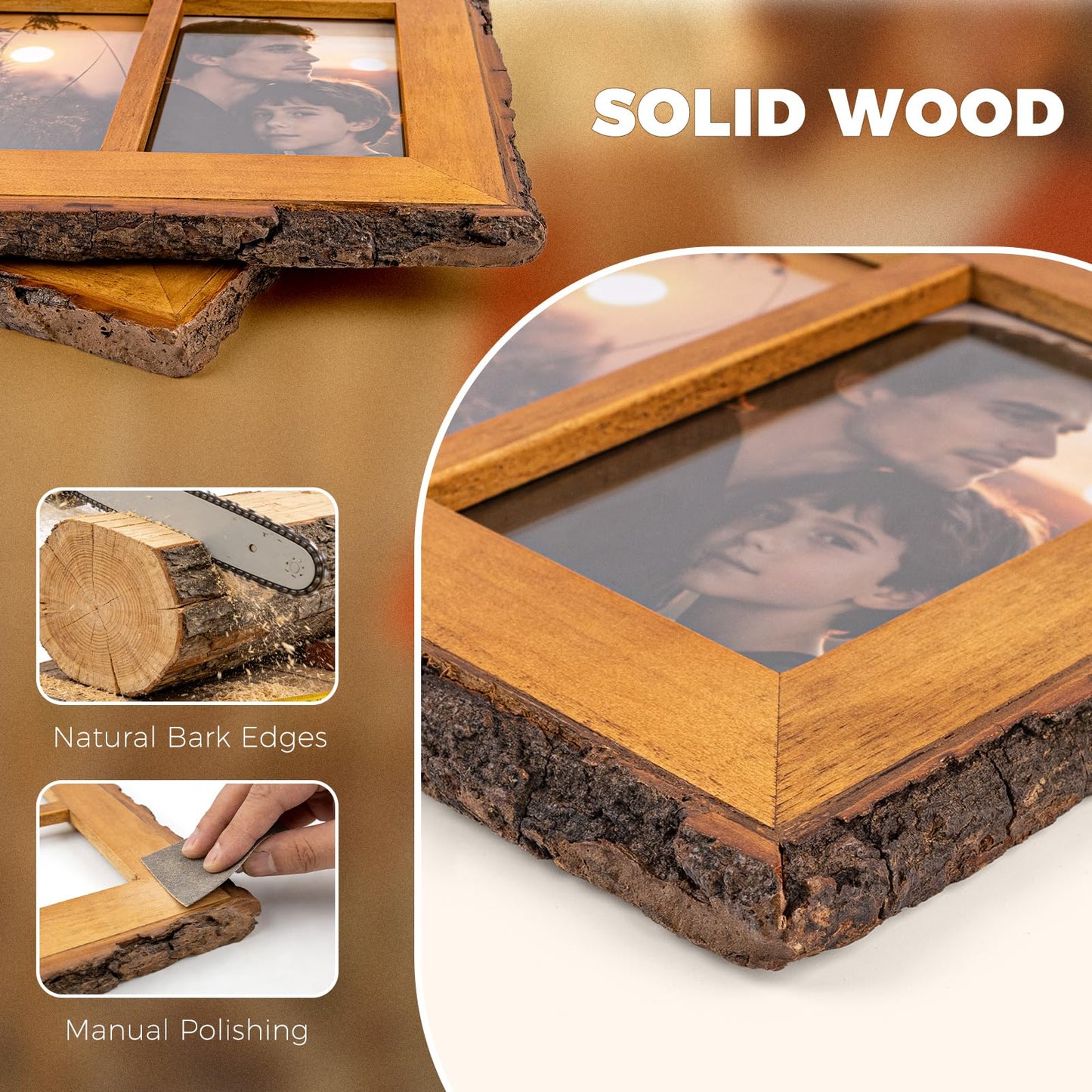 Golden State Art, 4x6 Collage Picture Frame - Solid Wood with Real Glass - Multi Picture Frame for (3) 4x6 Photos - Natural Bark Edges Design - Farmhouse Collage Wall Decor - Rustic Brown