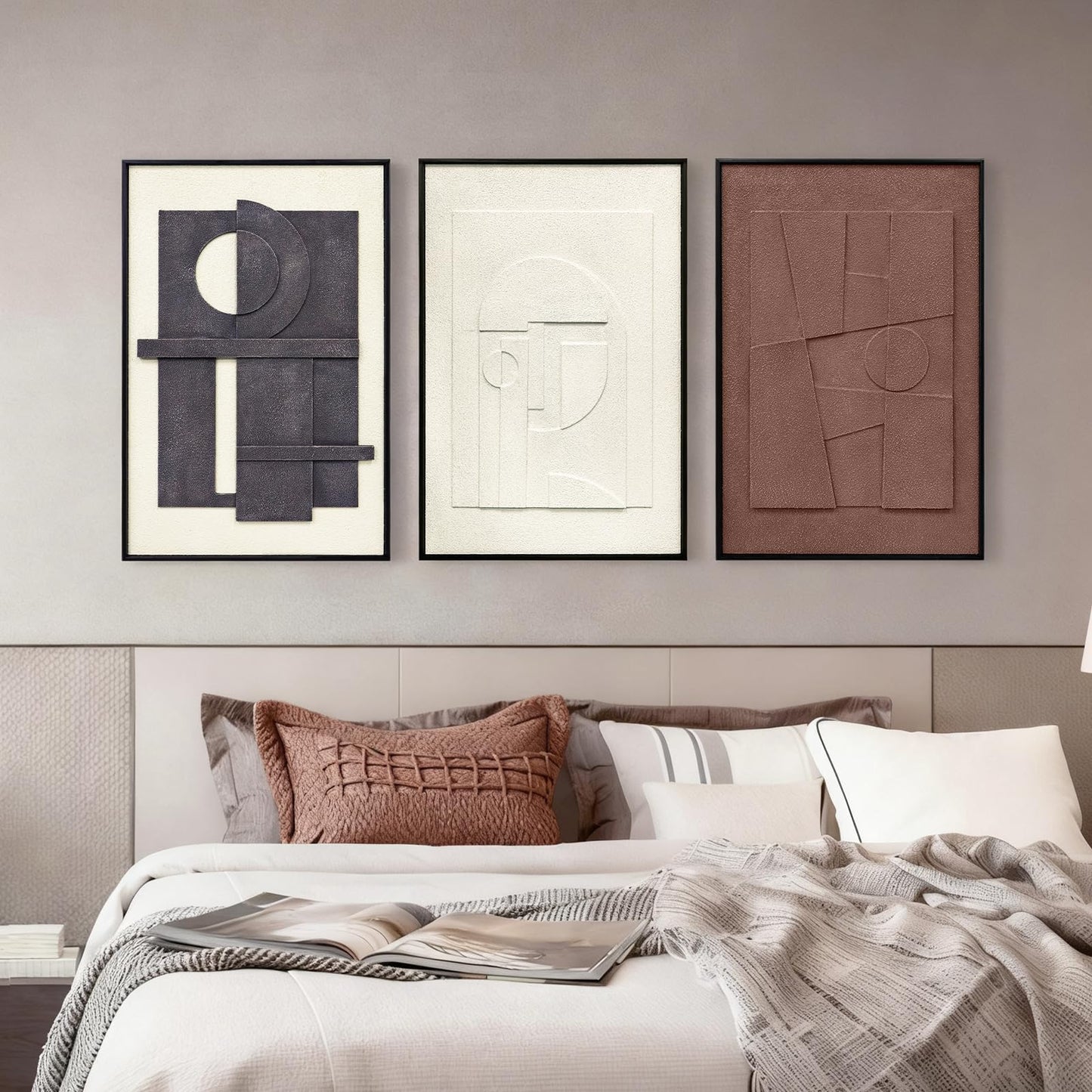 3D Textured Framed Wall Art, 3 Piece Neutral Artwork for Walls, Modern Minimalist Wall Paintings, White Black Geometric Texture Wall Decor for Living Room, Hallway, Office, 16x24In