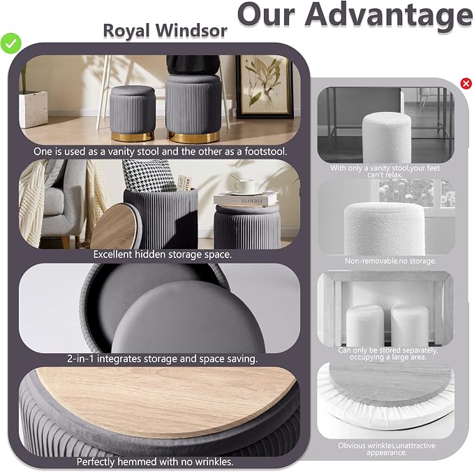Royal Windsor Round Ottoman with Storage Set of 2, Vanity Stool with Storage for Bedroom, Ottoman Coffee Table Gold-Tone Ring Around the Base, Small Velvet Foot Stool for Living Room, Grey