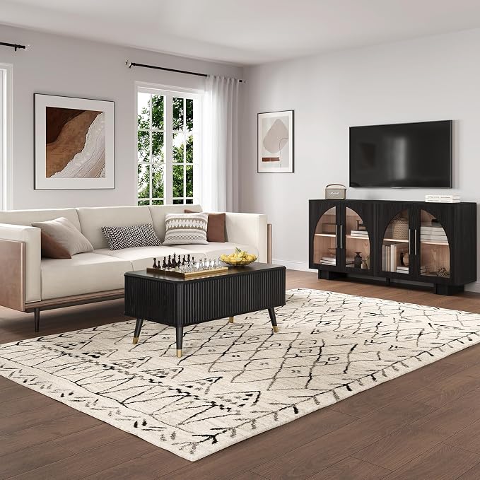 JOINICE Lift Top Coffee Table with Storage, Modern Black Fluted Design, Pop-Up Center Table with Hidden Compartment for Living Room & Home Office Work/Dining