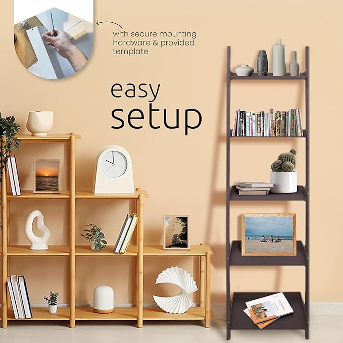 Kiera Grace Providence Hadfield 5 Tier Ladder Shelf, Leaning Bookshelf Storage Rack for Home, Office, 18" x 67", Medium Grey